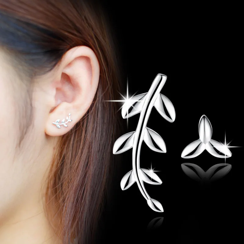

925 Sterling Silver Earrings Asymmetric Leaf Ear Nails Fashionable Simple Temperament Female Earrings Popular Ear Jewelry
