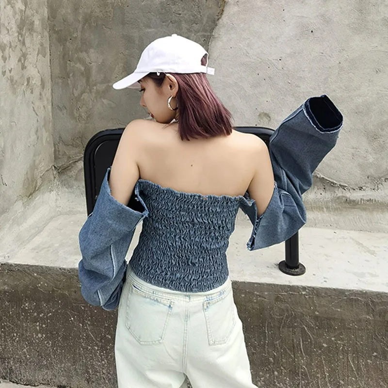 

SeeBeautiful Pleated Stitching Denim Loose Shirt Slash Neck Long Sleeve Sexy Expose Back New Fashion 2021 Spring Women E035