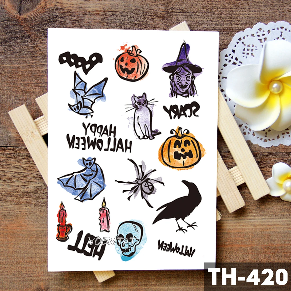 Водостойкая Временная тату-наклейка с черепом ведьмой и свечой Хэллоуин ворона