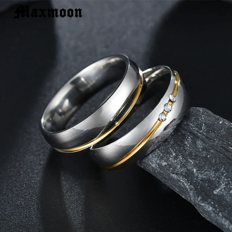 Maxmoon 2019 New Gold color Stainless Steel Wedding Bands Shiny Crystal Ring for Female Male Jewelry 6mm Engagement | Украшения и