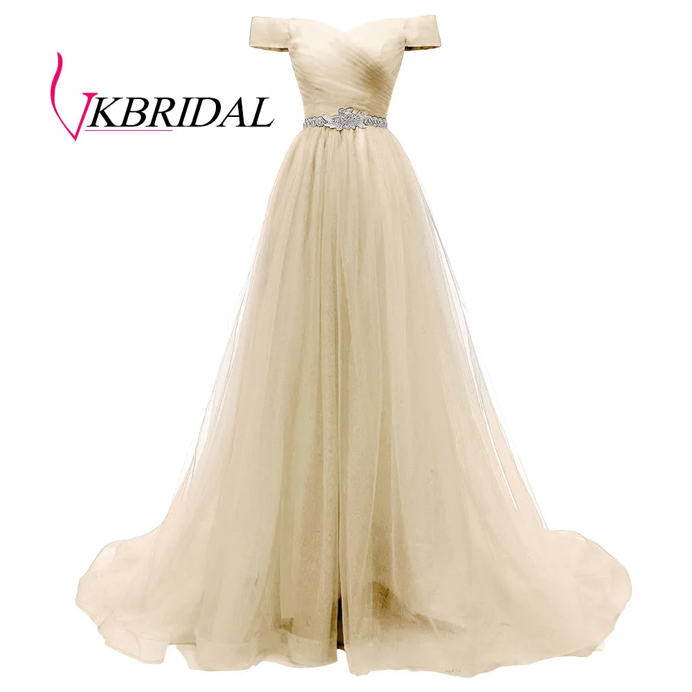 Шампанское VKBRIDAL, Красное длинное вечернее платье с открытыми плечами и поясом, расшитое бисером, винтажные платья для выпускного вечера, vestido de festa, недорогое вечернее платье со шнуровкой на спине - Цвет: Шампанское