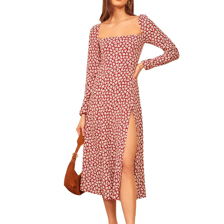 

Long Sleeve Square Neck Print Chiffon Women Bohemian Beach Casual Dresses Mid-calf Length Elegant Ladies Holiday Dress Clothes