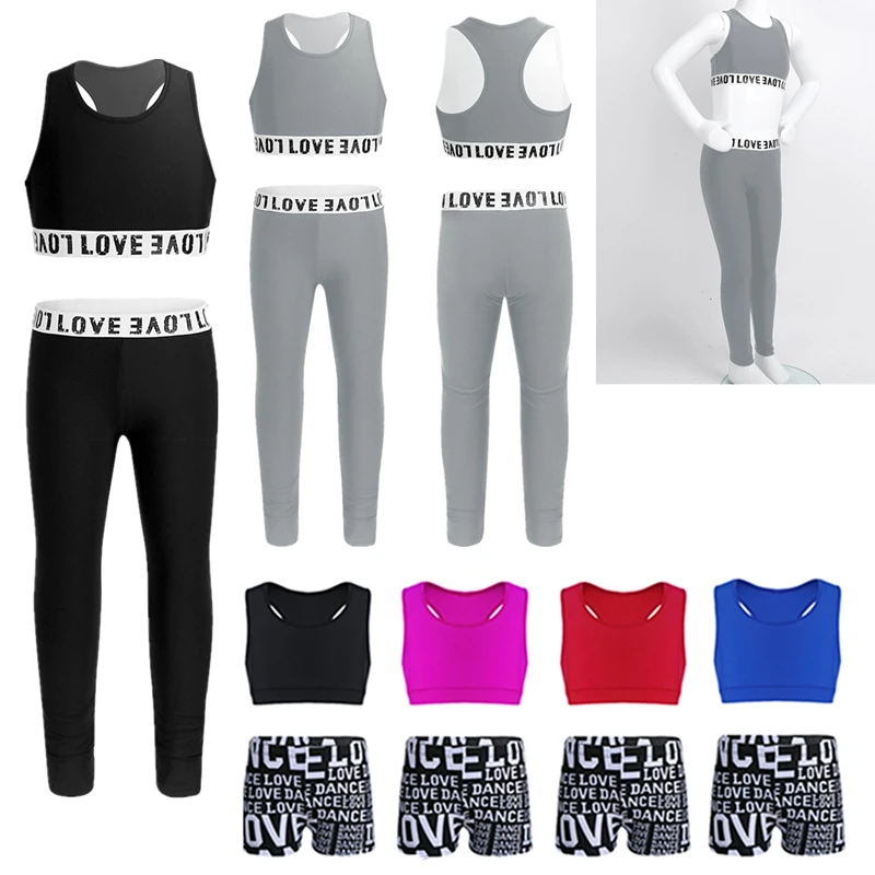 2PCS Children Sports Set Kids Girls Ballet Workout Fitness Suit Sport Outfit Letter Printed Sleeveless Tanks Crop Top + Leggings