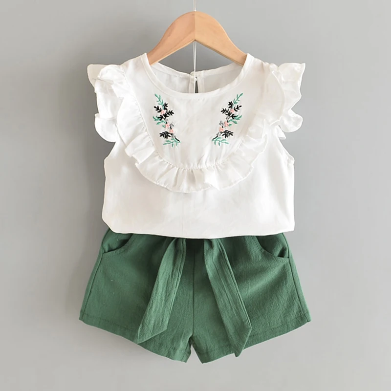 

Girls Clothing Set 2021 Summer Fashion Flower Embroidery Butterfly Sleeve Top Short Pant +Bow Belt Casual 2PCS Suit for Kid 3-7Y