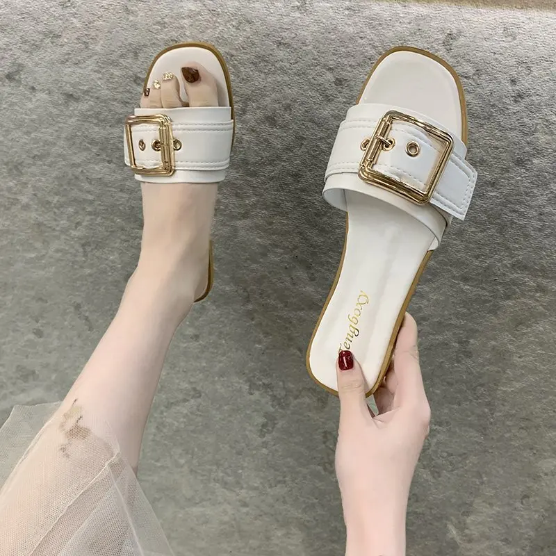 

Female Shoes Loafers Slippers Women Summer Slides Fashion Rivet 2021 Luxury Flat Beach Soft Rubber Metal Decoration PU Basic