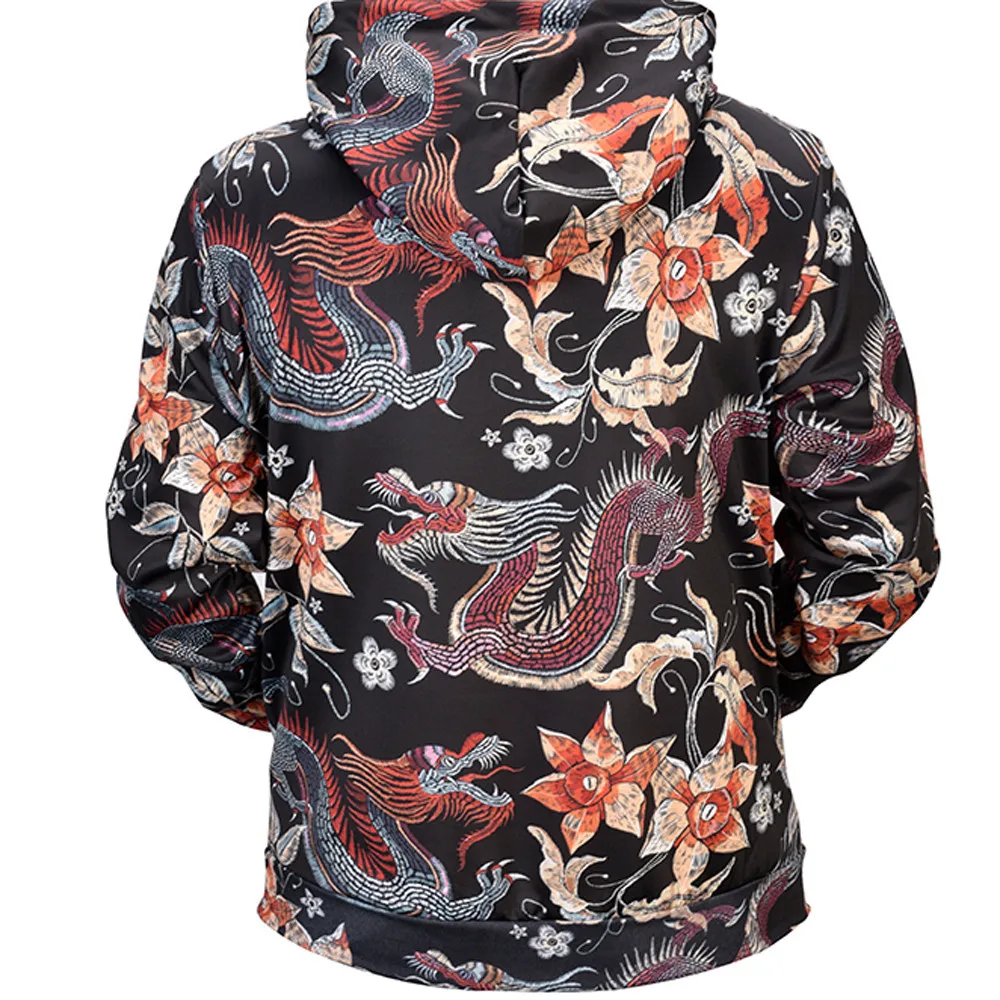 Мужской пуловер с 3D принтом дракона длинный рукав толстовка капюшоном топы