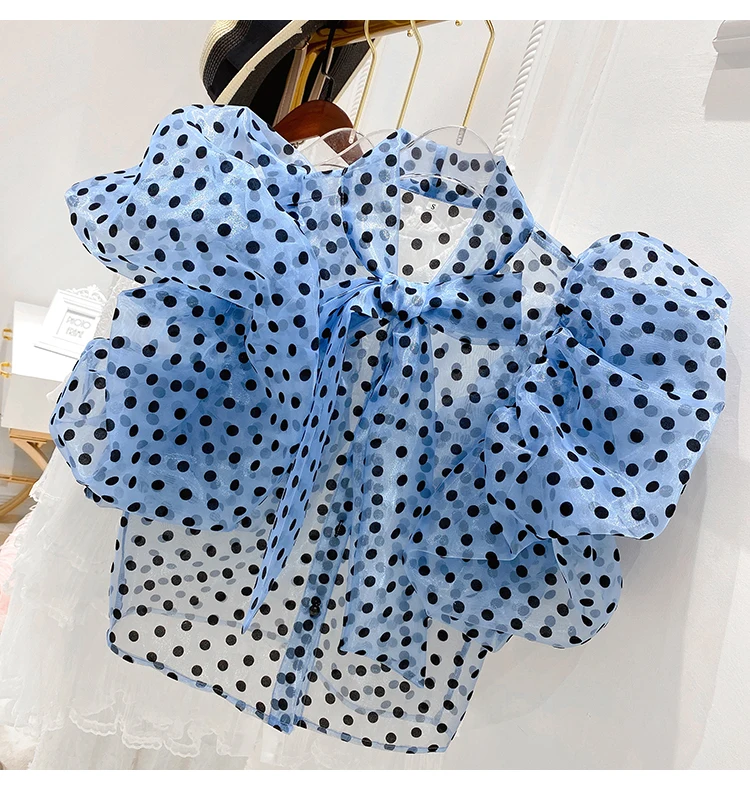 

Ladies Vintage Lace-Up Bow Polka Dot Organza Shirts Summer Women Puff Sleeve Sexy Perspective Chiffon Mesh Blouses Elegant Tops