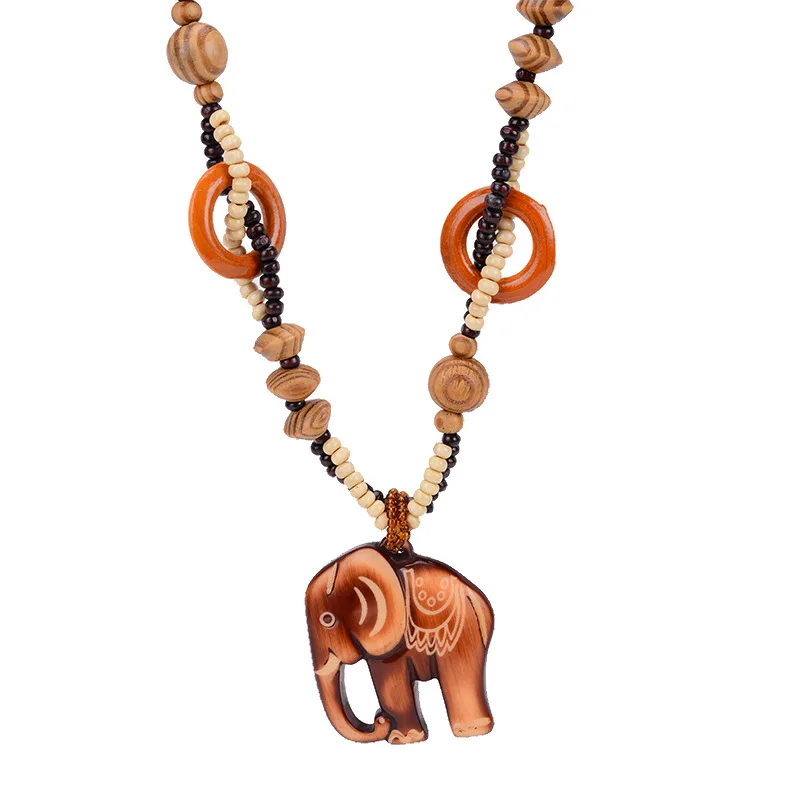 

Boho Ethnic Jewelry Long Hand Made Bead Wood Elephant Pendant Maxi Animal Necklace For Women