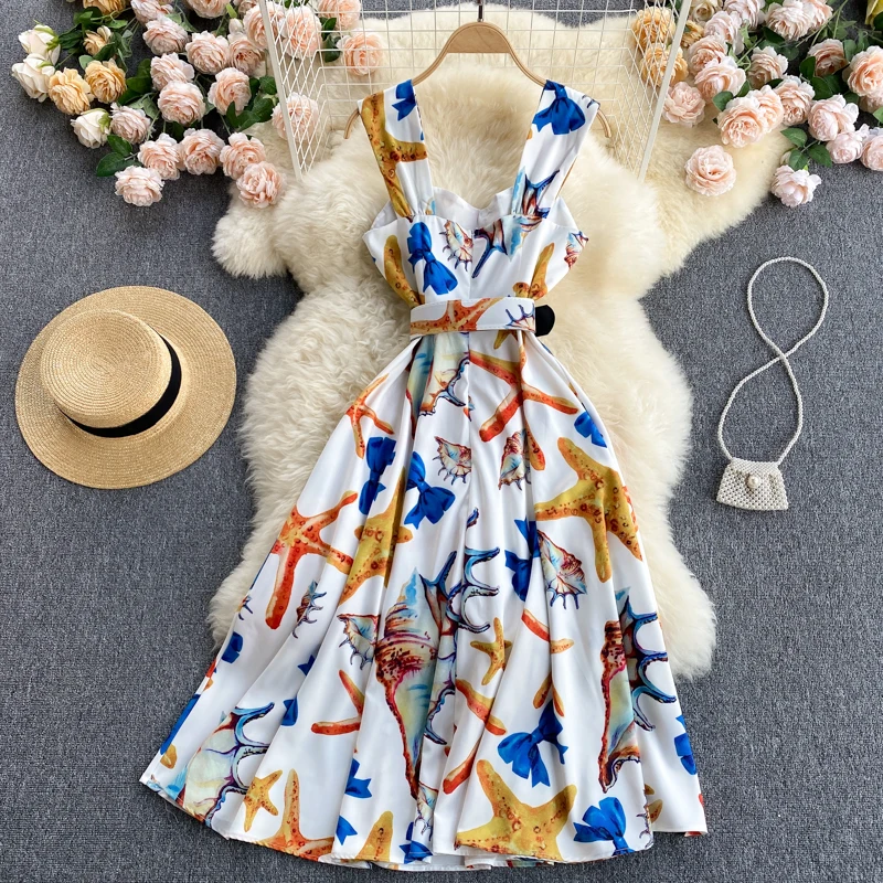 

2021 New Fashion Women Sleeveless Runway Summer Tank Dress Elegant Vintage Print Mid Calf Sundress Casual Holiday Robe Femme
