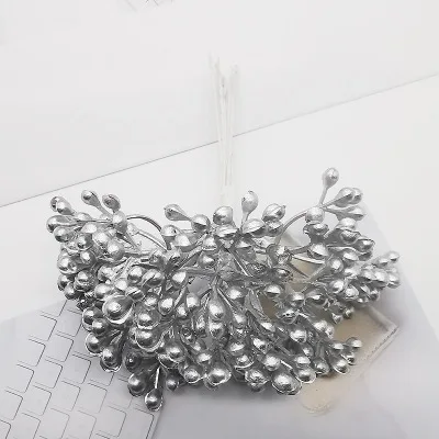 Серебристый 6 шт. Stamen фрукты Искусственные Рождественские цветы для украшения свадьбы diy ВЕНОК ручная вышивка подарок коробка искусственный цветок для альбомов - Цвет: Серебристый