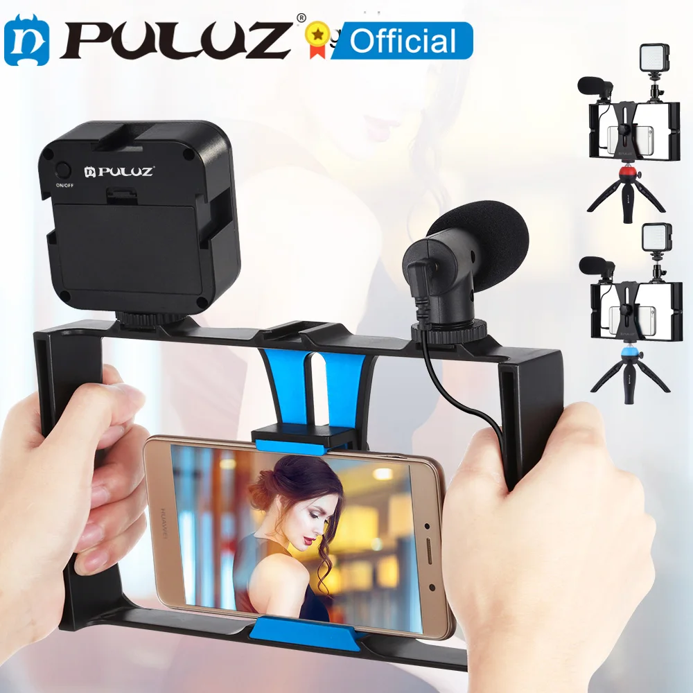 

PULUZ-soporte de trpode para telfono inteligente, Mini micrfono con luz LED, estabilizador de mano, agarre para telfono, aparejo