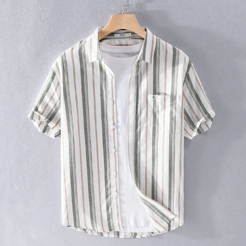 

Men's Striped Linen Thin Casual Short-Sleeved Lapel Cardigan Shirt