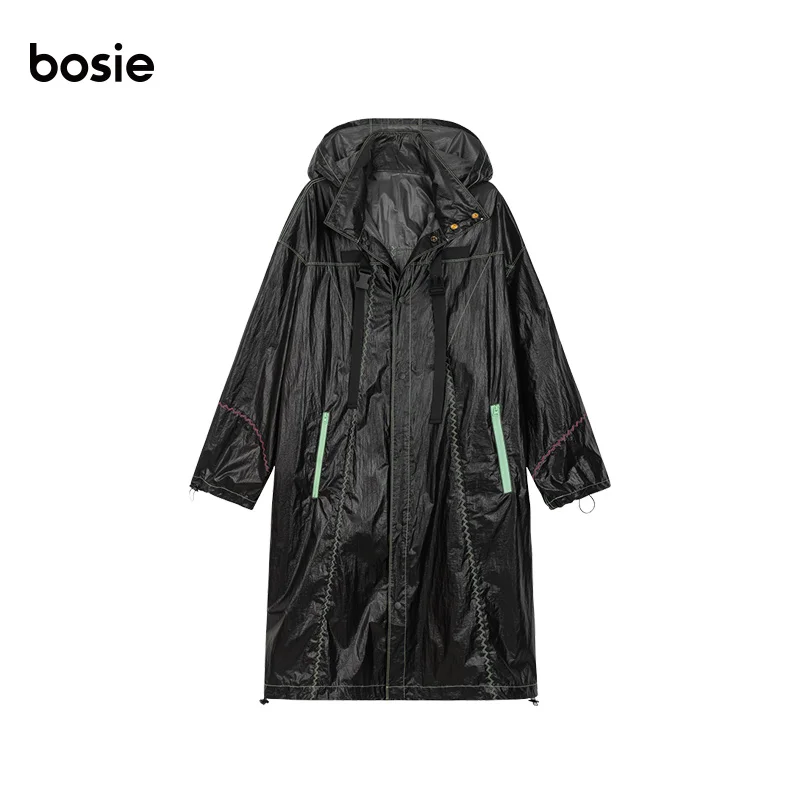 

BLACK bosie woman/man autumn new drape profile trench coat couple simple fashion loose long casual hooded coat 5058L