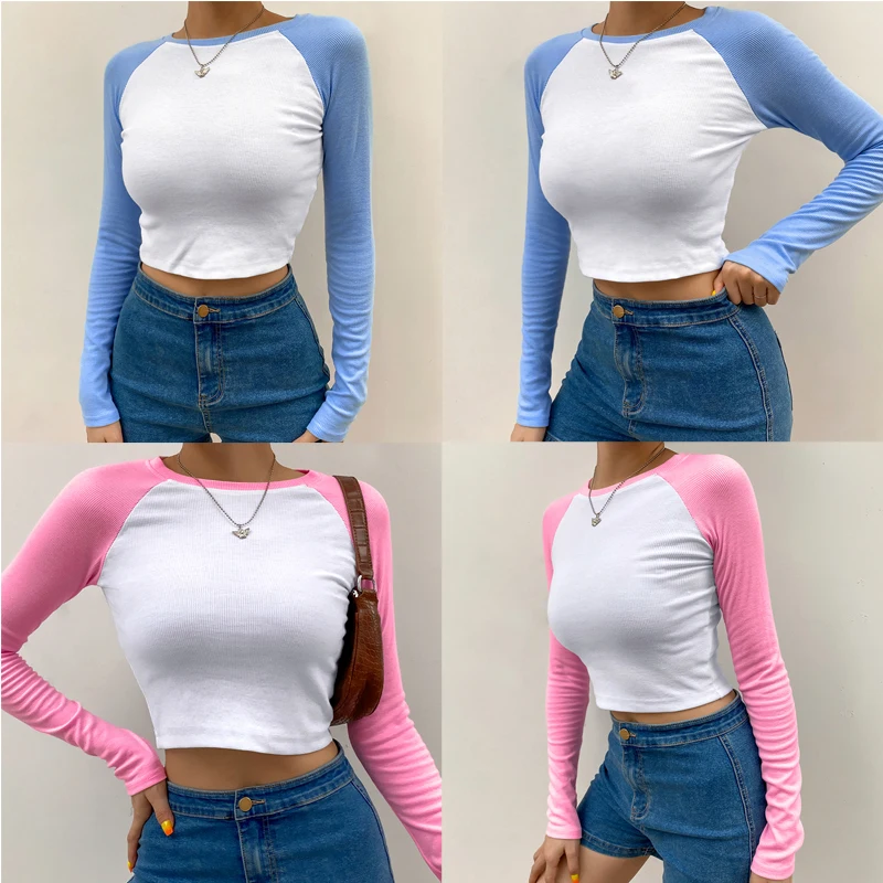 

Casual Patchwork Long Sleeve Crop Top T Shirt Fashion Basic Cotton Tshirt Women Fashion Slim Korean Tee Shirt Femme