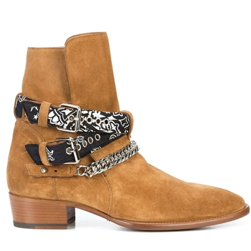 

OMDE New Arrival Suede Boots Men Handmade Pointed Toe Chelsea Boots Fashion Casual Mens Western Boots With Chains