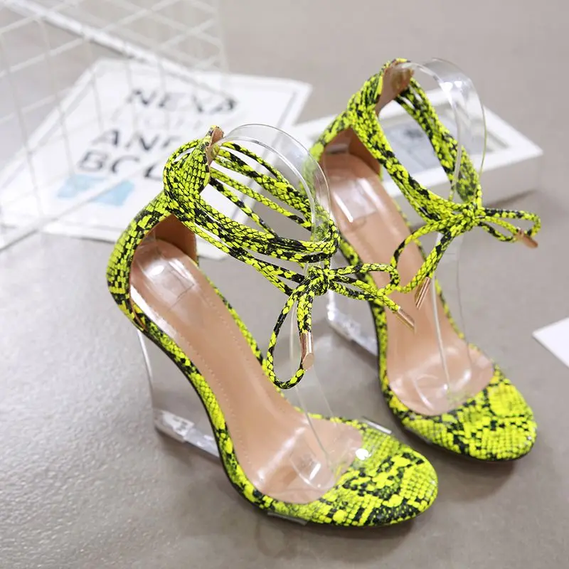 

Snake Pattern Ankle Strap Transparent Crystal Women's Sandals 2021 Wedge Heel Shoes Clear High Heels Women Shoes Wedge Sandals