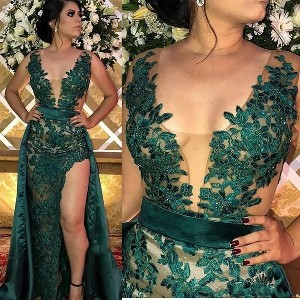 

Hunter Green Split Mother of the Bride Dress Evening Dresses With Detachable Skirt Sheer Illusion Bodice Appliqued Long Arabic P