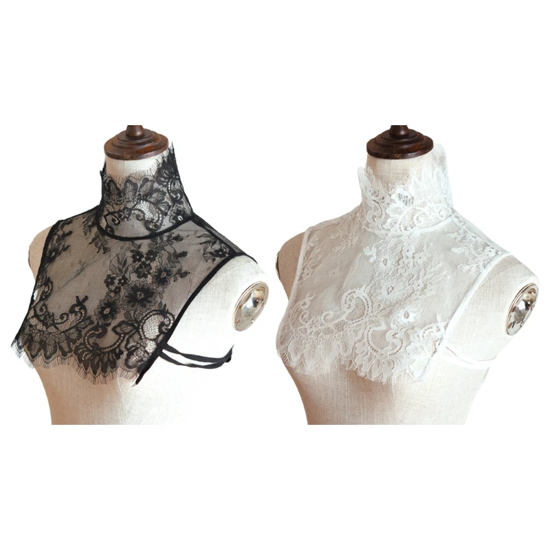 

Women Faux Collar Half Shirt Turtleneck Eyelash Floral Lace Sleeveless Crop Top