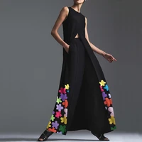 bambooboy women fashion flower print sleeveless slit dress wide leg pants loose fit two piece set fc501