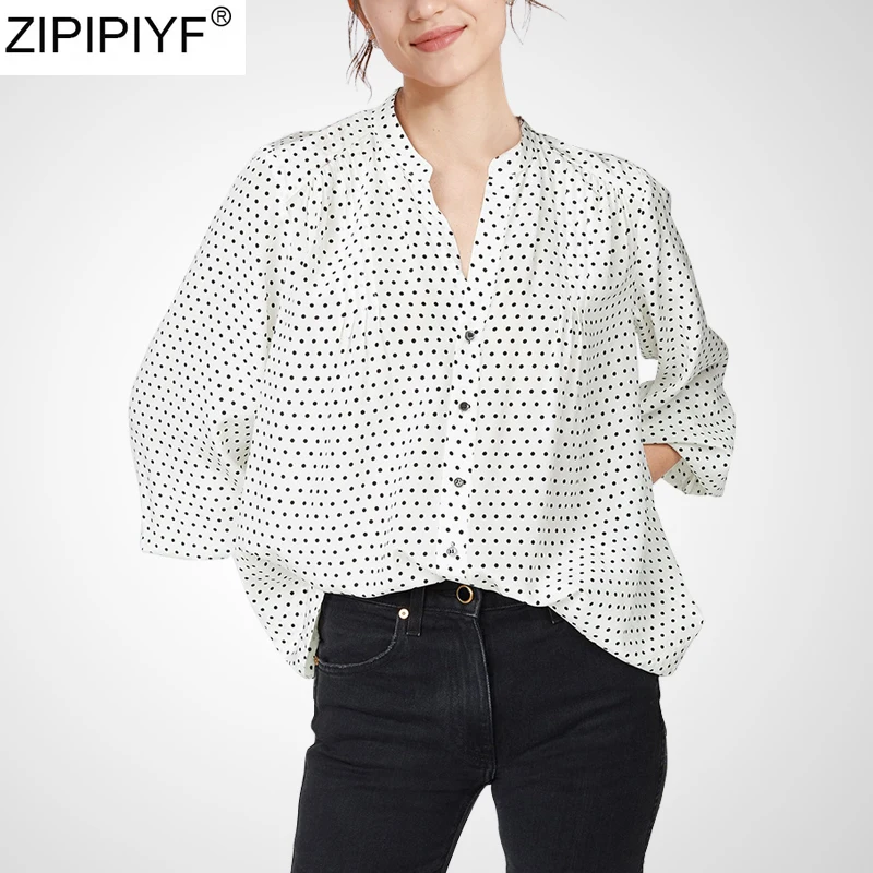 2020 Women Fashion Elegant Chic Blouse Top Turn-down Collar Lantern Sleeve Blouse Polka Dot Buttons Blouse Shirts