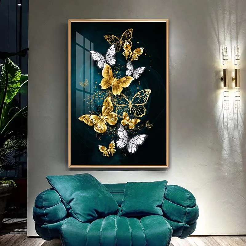 Золотой синий постер с бабочками современная абстрактная настенная живопись на