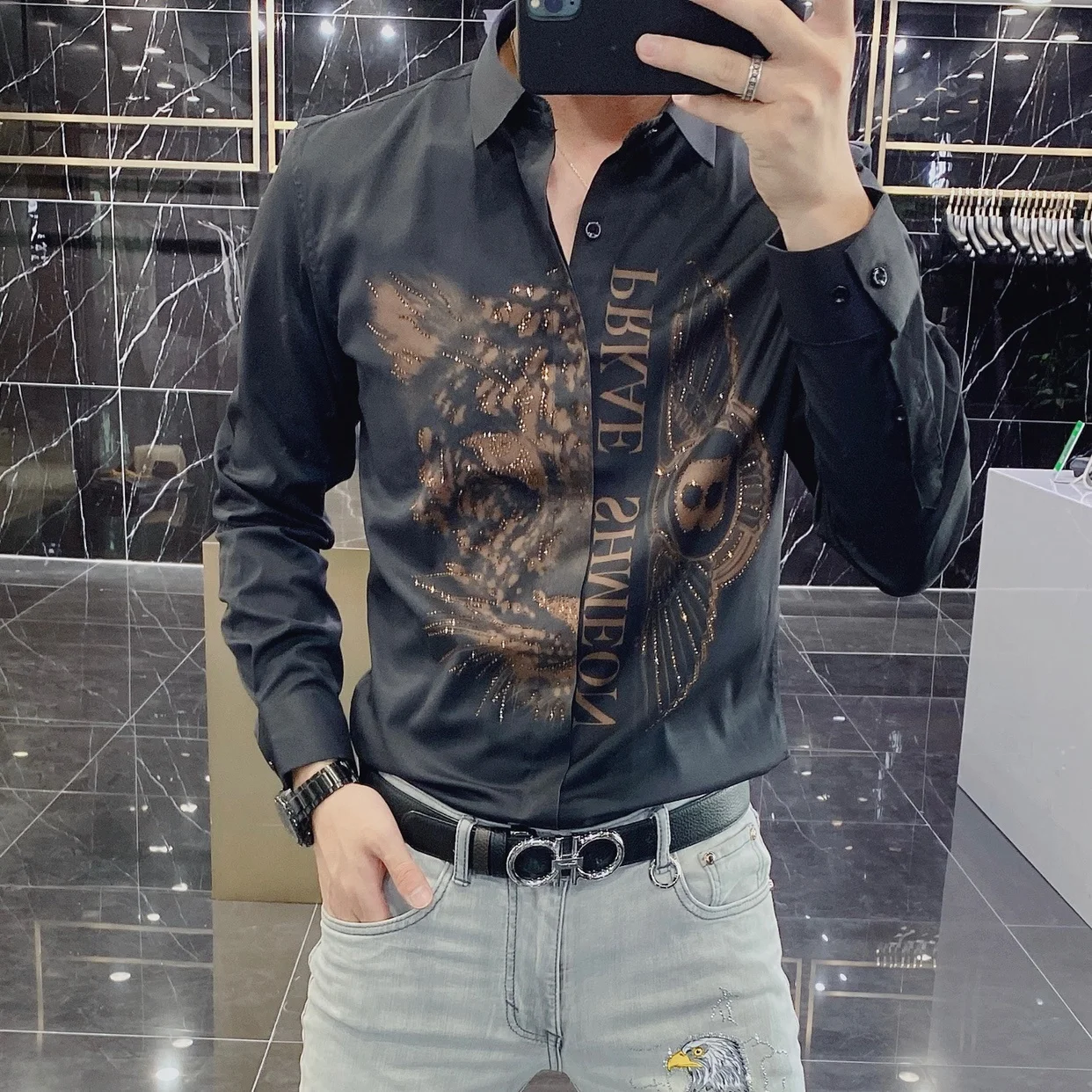 

Рубашка мужская приталенная с принтом головы тигра, весна-осень, 2021