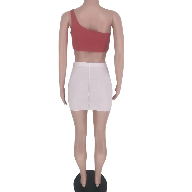 

Spring Summer Two Piece Set Women Color Contrast Splicing One-Shoulder Sexy Crop Top Mini Skirt Suits Club Outfits Streetwear