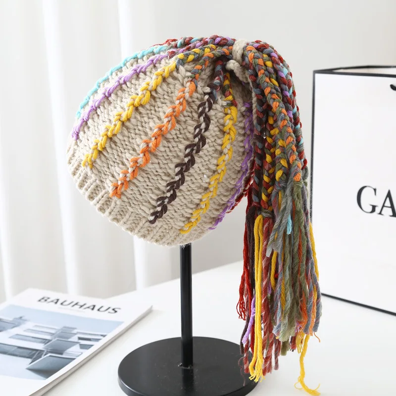 

Зимняя женская Радужная вязаная крючком шапка бини шапка хип-хоп шапочки с париками Вечерние