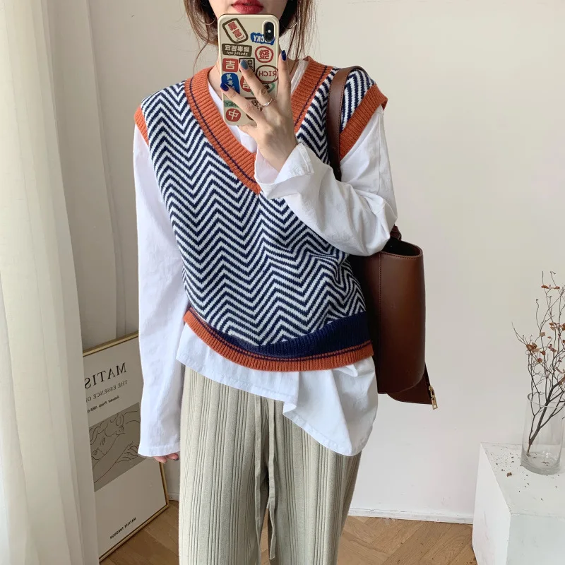 

Женский свитер, жилет, женский полосатый шерстяной жилет, универсальный модный короткий вязаный жилет с V-образным вырезом, жилет, женский ж...