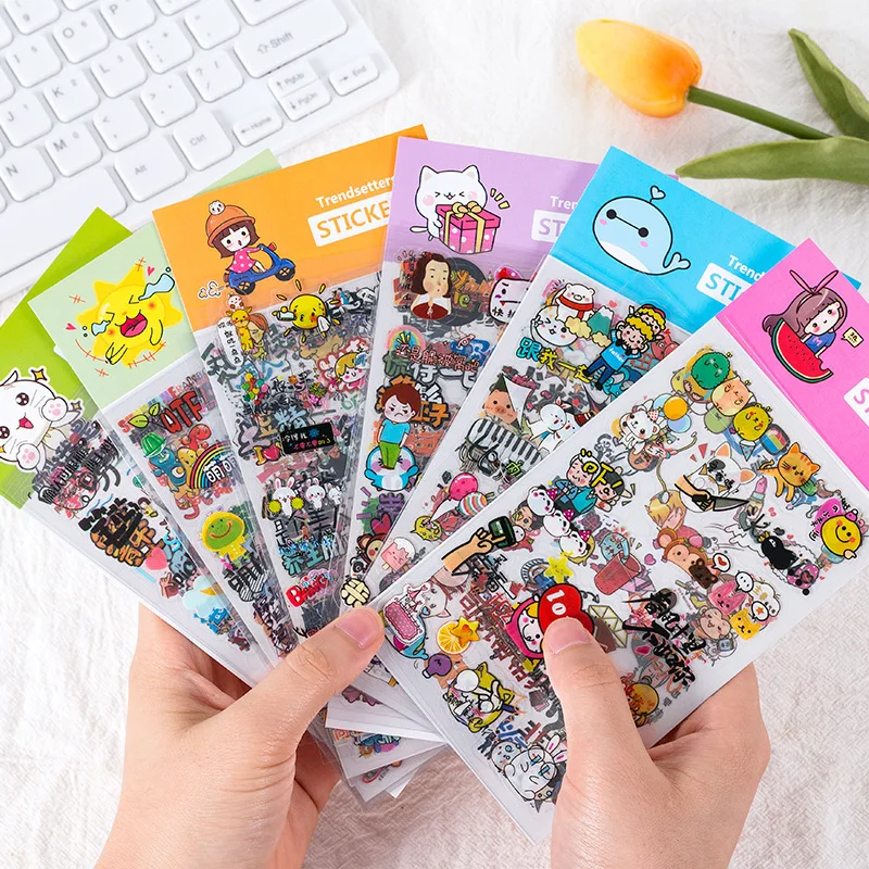 

6pcs/set Kawaii Cartoon Pvc Sticker Campus Network Popular Trendy Language Stickers DIY Hand Account diary Cute Decoration