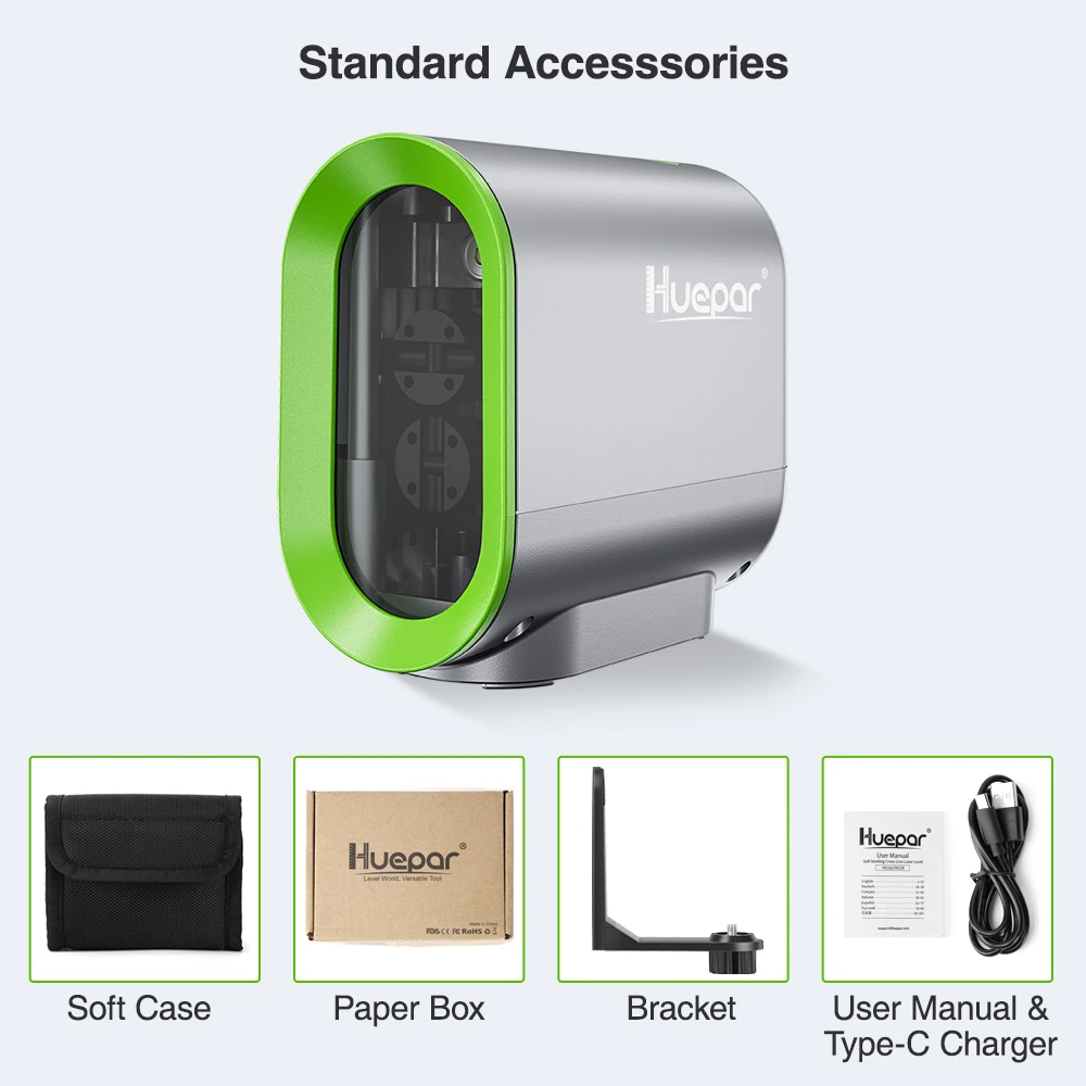 Huepar 2 lines Cross Line Laser Level Horizontal & Vertical Green Beam Self-leveling Pulse Mode with Rechargeable Li-ion Battery |