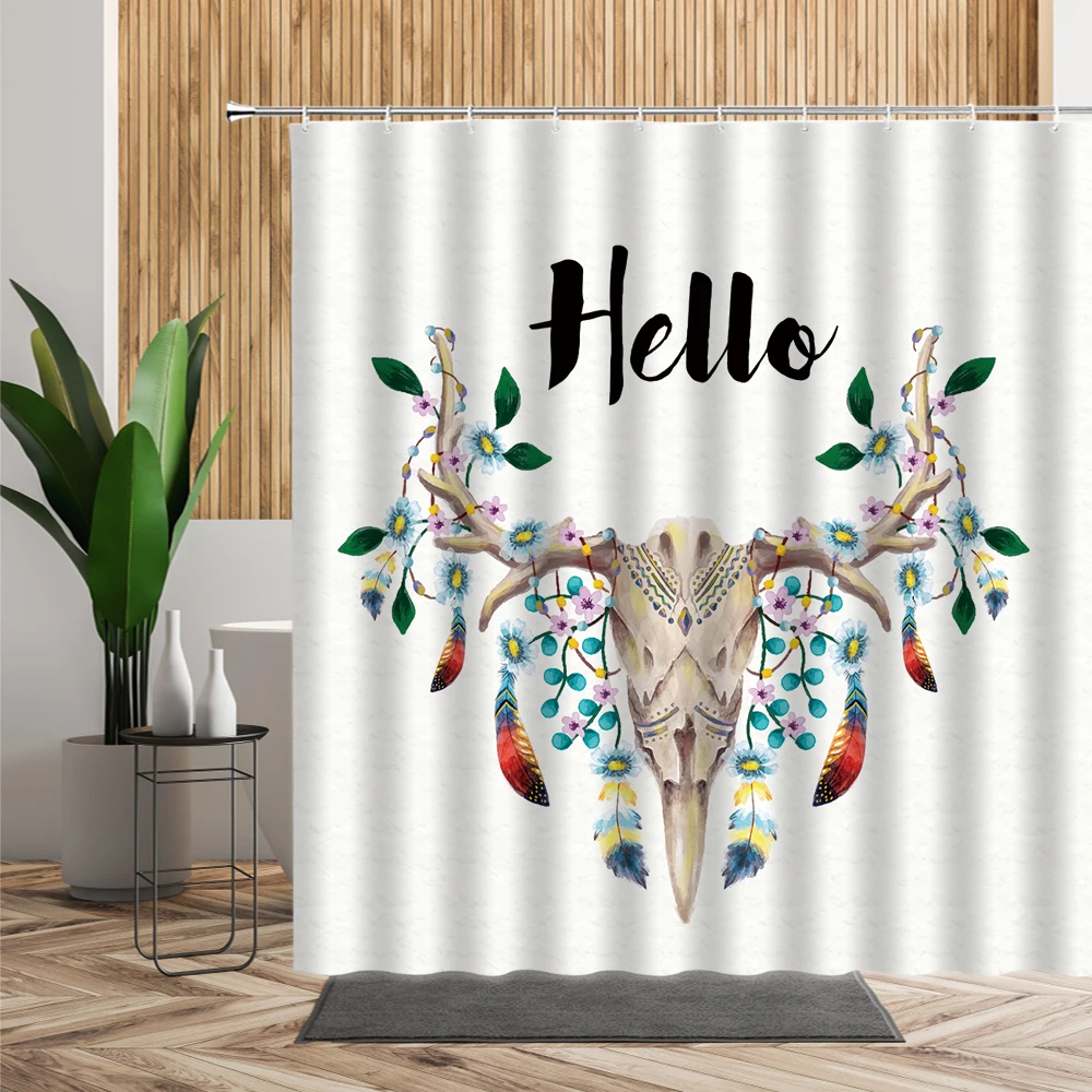 

Bohemian Ethnic Style Shower Curtain Art Deer Head Background Bathroom Partition Waterproof Bath Curtains Fabric Wall Decoration