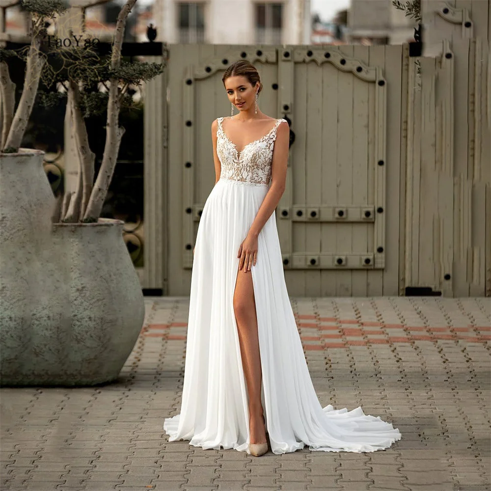 

Illusion Open Back Wedding Dress Sleeveless O-neck Trailing Slit Lace Applique Bridal Gown Vestidos De Novia Marriage Dress