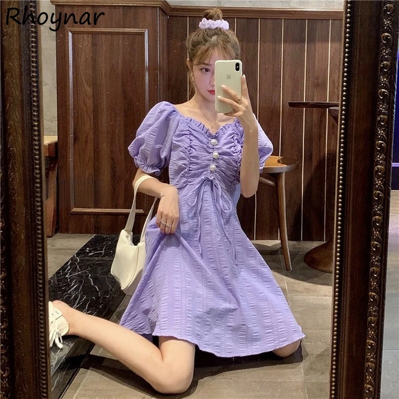 

Однотонное женское летнее шикарное праздничное универсальное мини-платье Ulzzang с V-образным вырезом и пышными рукавами для отдыха элегантны...