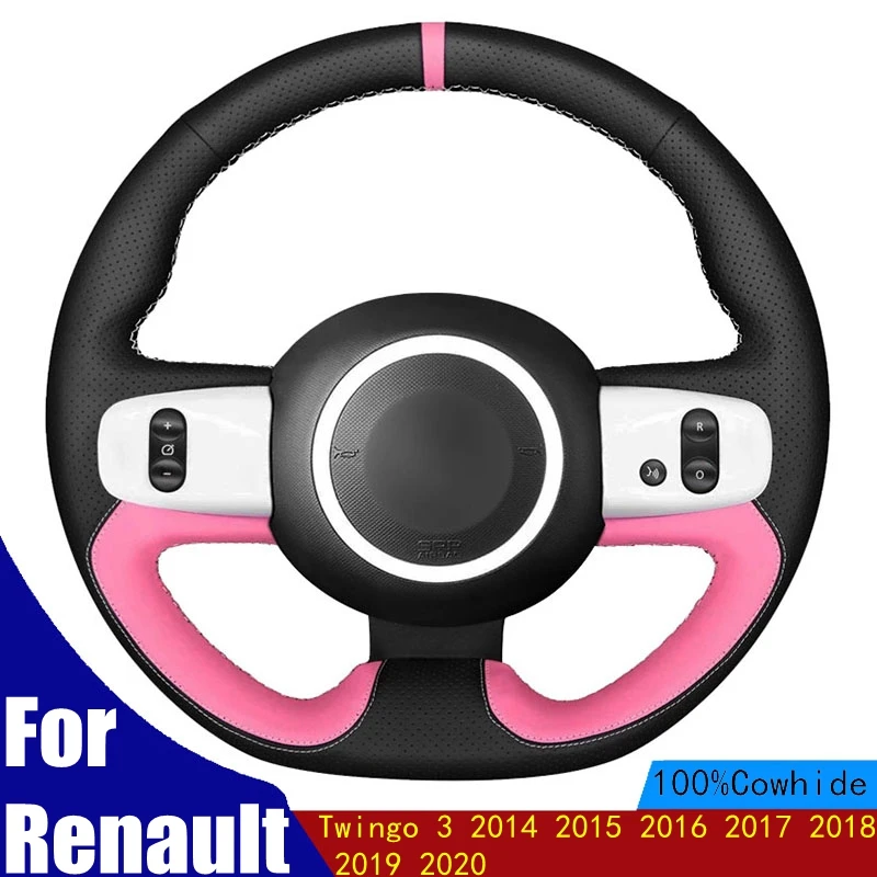 

Hand-stitched Car Steering Wheel Cover Black Genuine Leather For Renault Twingo 3 2014 2015 2016 2017 2018 2019 2020