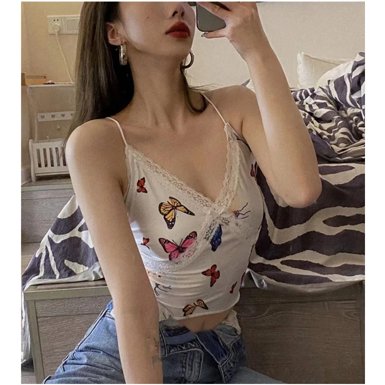 

Girls Summer Sexy V-neck Camisole Ladies Lace Splicing Butterfly Printing Sleeveless Midriff-baring Top for Dating Shopping