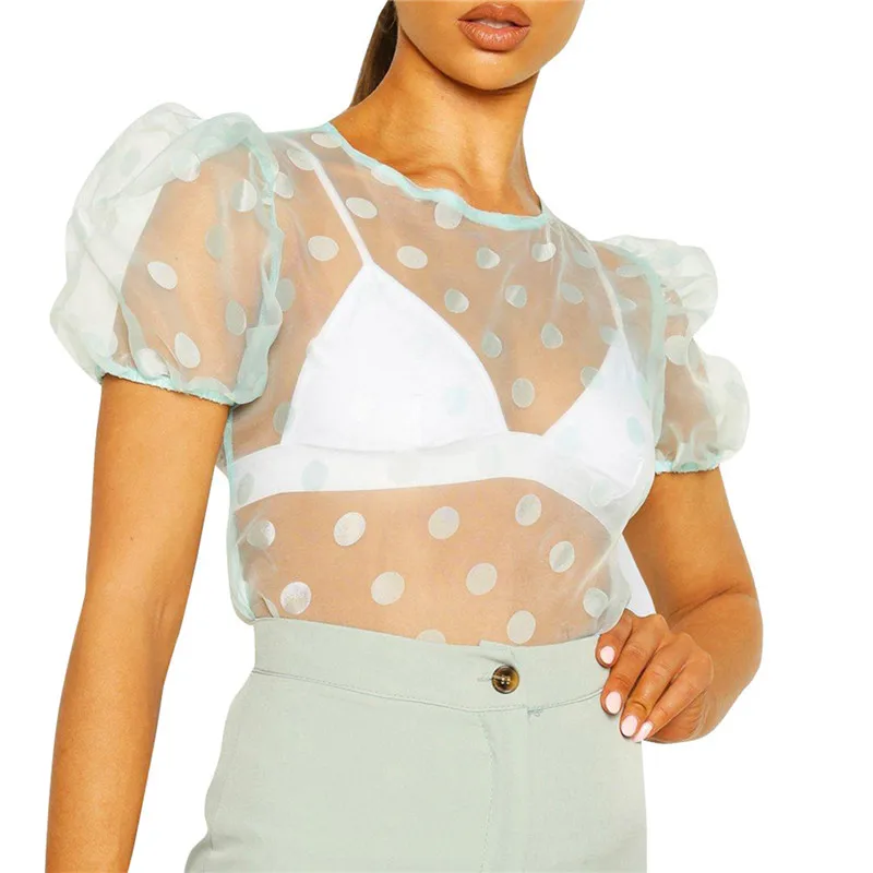 

Fashion Ladies Mesh See Through T-shirt Women Sexy Mesh T Shirts Dot Printed Puff Short Sleeve Sheer O Neck Clubwear Summer Tops