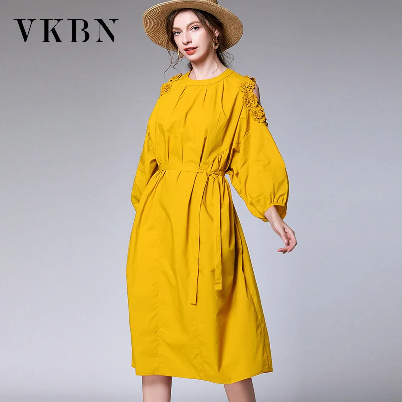 

VKBN 2021 Spring and Summer Elegant Dress Women Lantern Sleeve Plus Size Lace Maxi Dresses for Women