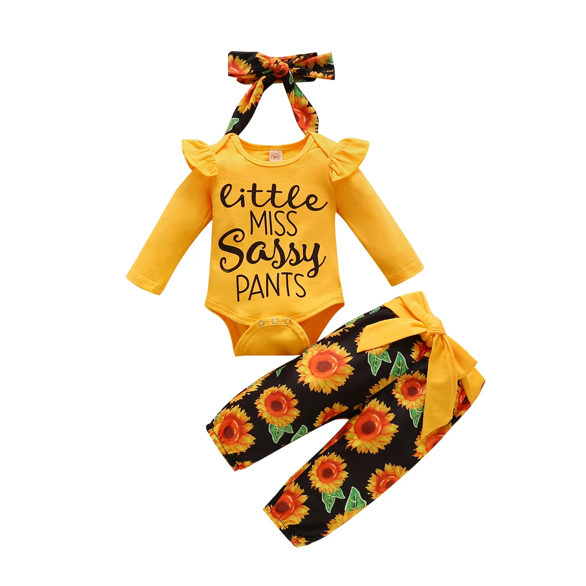 

Комплект одежды для маленьких девочек, Топ с длинным рукавом и круглым вырезом с буквенным принтом + длинные брюки с рисунком подсолнуха + по...
