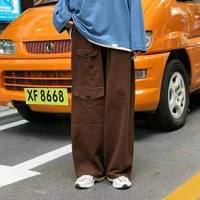 houzhou brown vintage cargo pants women japan style casual wide leg elastic waist trousers 90s aesthetic loose harajuku pants