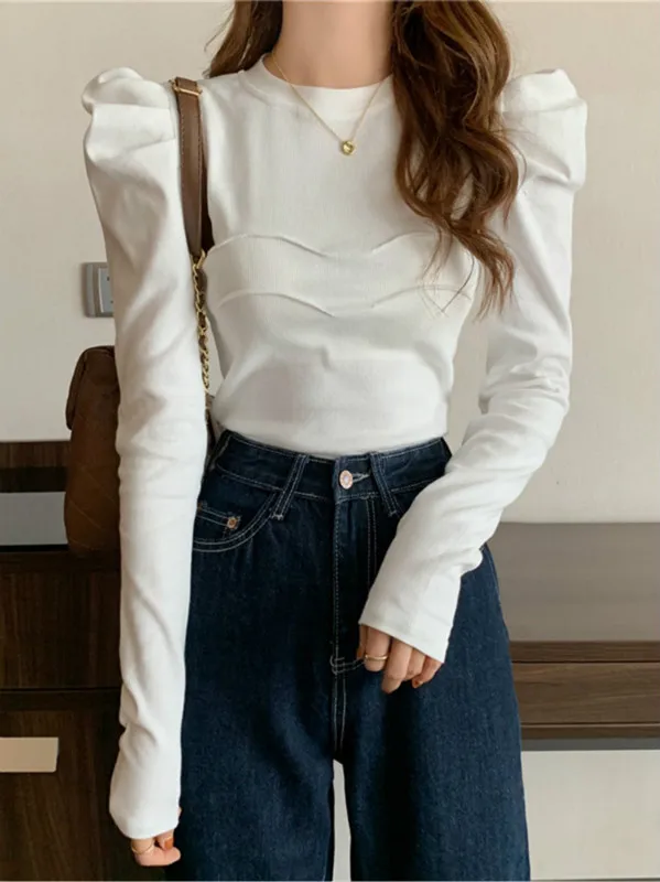 

2020 Women Fashion Clothing White Long Sleeve T-shirt for Women Slim Fit Bubble Sleeve Solid Color Simple Tshirt