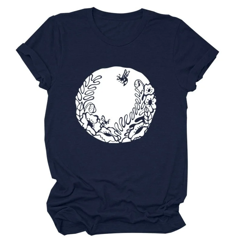 

BEE Flower Print Women T Shirt Short Sleeve O Neck Loose Women Tshirt Ladies Tee Shirt Tops Clothes Camisetas Mujer