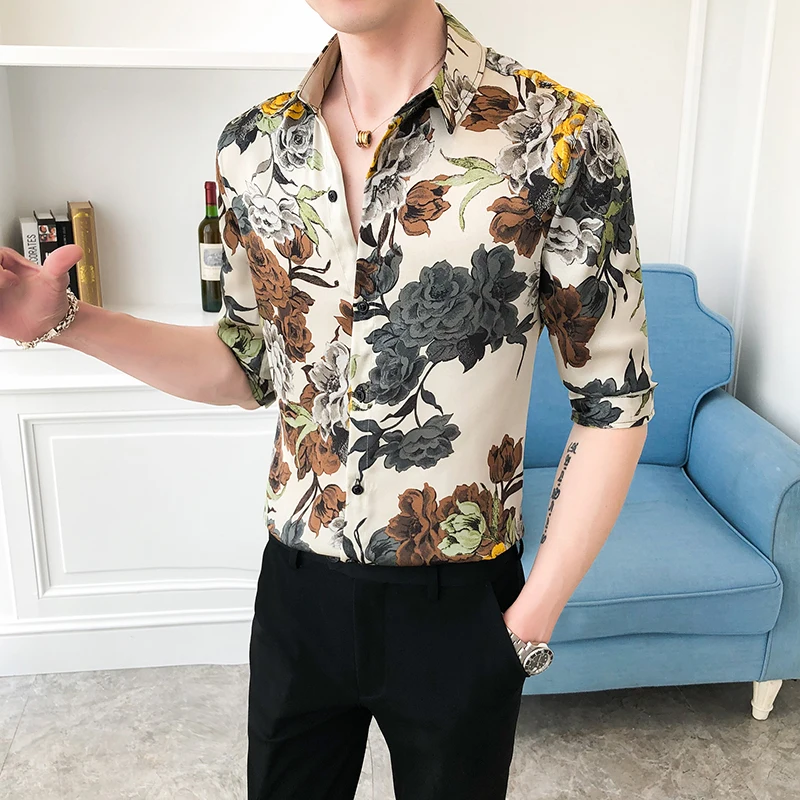 Casual Slim Fit Hawaiian Shirt Streetwear Social Nightclub Blusa High Quality Leaf Printing Men Summer Short Sleeve | Мужская одежда