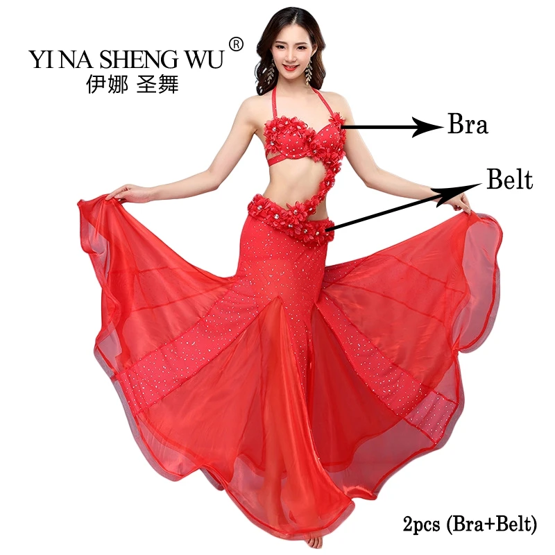 Red - 2 PCS 2/3 шт набор новых танцевальных костюмов для взрослых, костюм для танца живота, бюстгальтер из бисера, сексуальная танцевальная одежда для выступлений, индийский танец, сценическое представление - Color: Red - 2 PCS