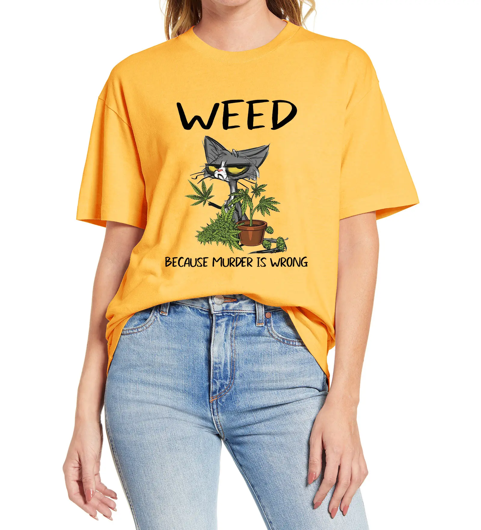 

Funny Black Cat Weed Because Murder Is Wrong Cat Lovers Gift Vintage Unisex T-Shirt Women's O-Neck T-shirt Cute Cartoon Print Te