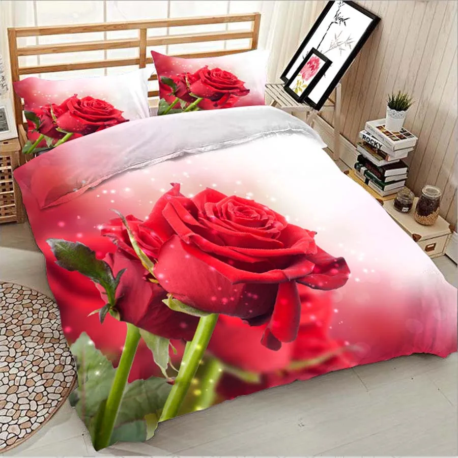 

3d Digital printing red rose bedding luxury Home textiles king queen size Kids Adult Lover bed sheet duvet cover and pillowcase