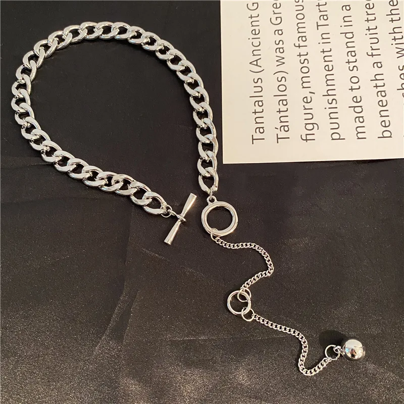 

New Trend Punk Necklace Long Chain Metal Ball Pendant Necklace Gold Silver Color Clavicle Thick Chain For Girls Party Jewelry