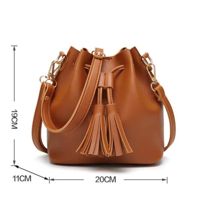 LILY QUEEN Women Fashion Crossbody Bag Tassel Bucket Solid PU Leather Shoulder Bolsa | Багаж и сумки