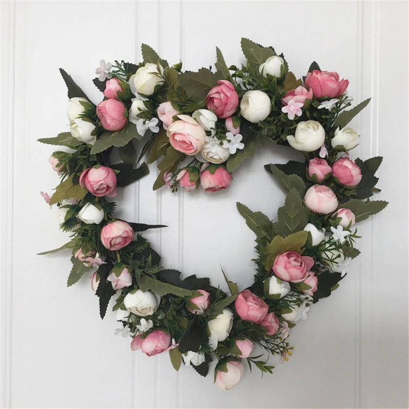 

14inch Artificial Heart Rose Front Door Wreath Handcrafted Wreath for Home Decor H3CC