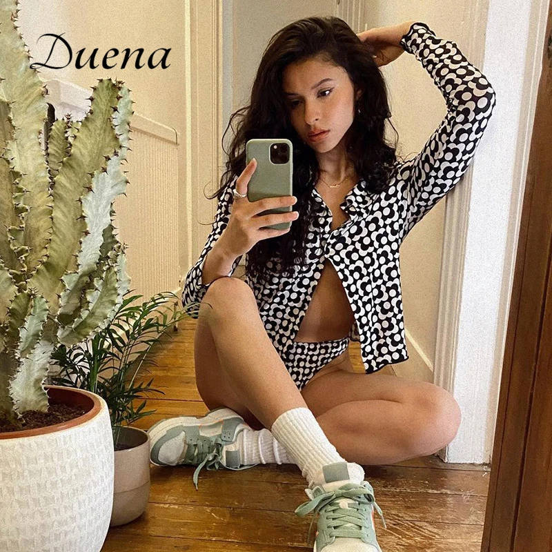 

Duena Tie Dye Collar Shirt Long Sleeve Crop Top 2021 Sexy Button Up Streetwear Floral Slim Fashion Ladies Vintage Woman T Shirt